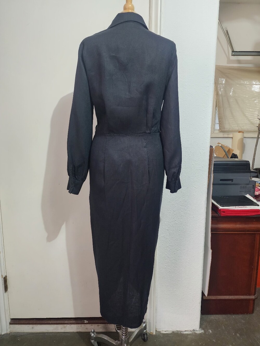 Magaschoni Black Linen Wrap Long Dress Tie Waist Long Sleeve Size 10 - Picture 6 of 12